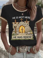 Women's He Is Not Here He Has Risen! Jesus Christian Cross Print Casual Tee