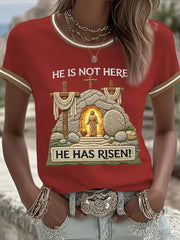 Women's He Is Not Here He Has Risen! Jesus Christian Cross Print Casual Tee