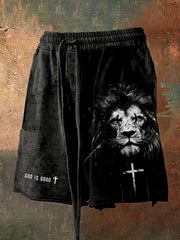 Men's Faith Cross Lion God Is Good Printed Shorts