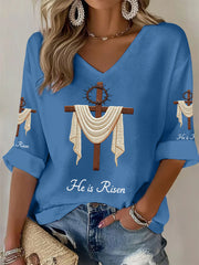 Women's  He Is Risen Jesus Christian Cross Print Waffle Long-Sleeve Top