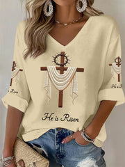 Women's  He Is Risen Jesus Christian Cross Print Waffle Long-Sleeve Top