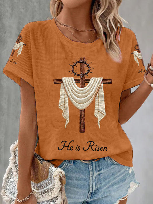 Women's He Is Risen Jesus Christian Cross Print Waffle Tee