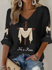 Women's  He Is Risen Jesus Christian Cross Print Waffle Long-Sleeve Top