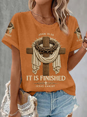 Women's He Is Risen It’s Finished Jesus Christian Cross Print Waffle Tee