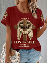 Women's He Is Risen It’s Finished Jesus Christian Cross Print Waffle Tee