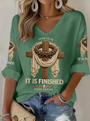 Women's He Is Risen It’s Finished Jesus Christian Cross Print Casual Waffle Long-Sleeve Top