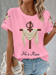 Women's He Is Risen Jesus Christian Cross Print Waffle Tee