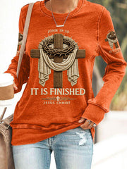 Women's  He Is Risen It’s Finished Jesus Christian Cross Print Casual Sweatshirt