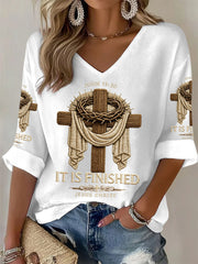 Women's He Is Risen It’s Finished Jesus Christian Cross Print Casual Waffle Long-Sleeve Top