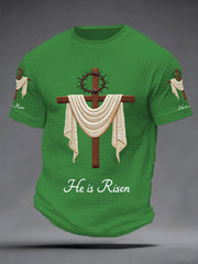 Men's He Is Risen Jesus Christian Cross Print Waffle Tee