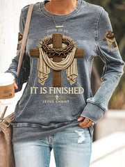 Women's  He Is Risen It’s Finished Jesus Christian Cross Print Casual Sweatshirt