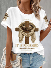 Women's He Is Risen It’s Finished Jesus Christian Cross Print Waffle Tee