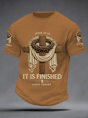 Men's Men's He Is Risen It’s Finished Jesus Christian Cross Print Waffle Short Sleeve Tee
