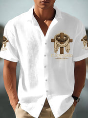 Men's  He Is Risen It’s Finished Jesus Christian Cross Print Short-Sleeve Waffle Shirt