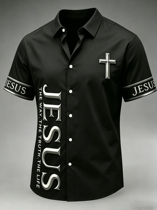 Men's Christian Jesus The Way The Truth The Life Cross Print Short Sleeve Shirt