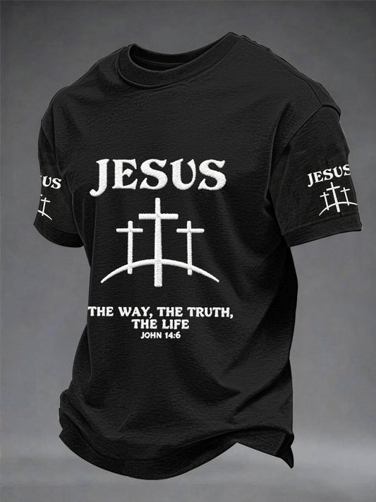 Men's Christian Jesus The Way The Truth The Life Cross Print Short Sleeve T-shirt
