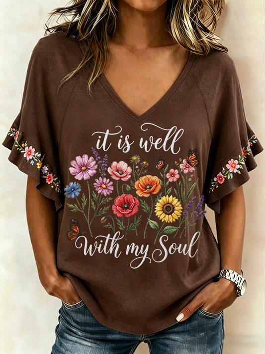 Women's It Is Well With My Soul Floral Print Casual Ruffle Sleeve Tee