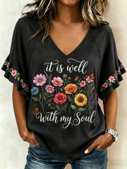 Women's It Is Well With My Soul Floral Print Casual Ruffle Sleeve Tee