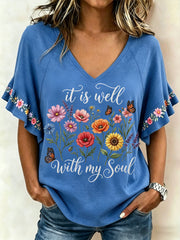 Women's It Is Well With My Soul Floral Print Casual Ruffle Sleeve Tee