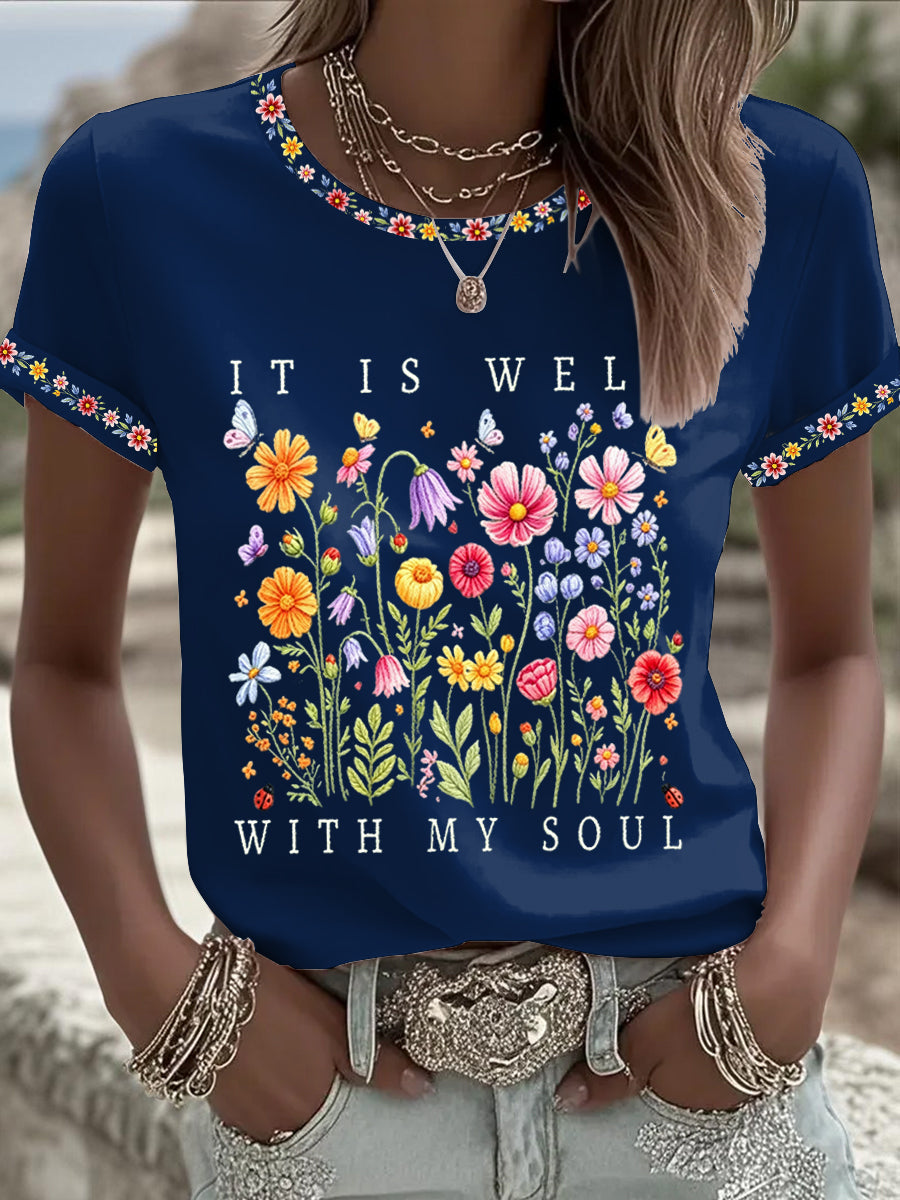 Women's It Is Well With My Soul Floral Print Casual Tee