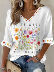 Women's It Is Well With My Soul Floral Print Casual Waffle Top
