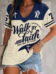 Women's Walk By Faith And Not By Sight Double Layer Neck Short Sleeve T-Shirt