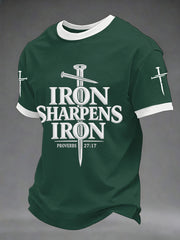 Men's Iron Sharpens Iron Proverbs 27:17 Christian Cross Print Casual Tee