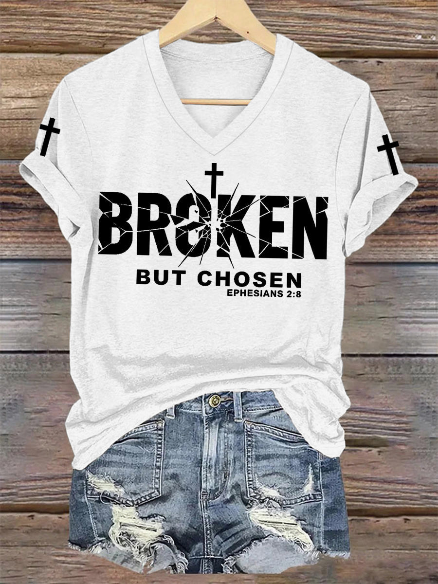 Women's Christian Cross Broken But Chosen Print V-Neck Tee