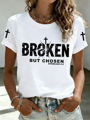 Women's Christian Cross Broken But Chosen Print Tee