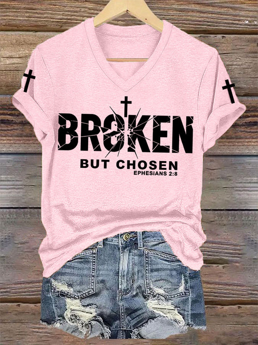 Women's Christian Cross Broken But Chosen Print V-Neck Tee