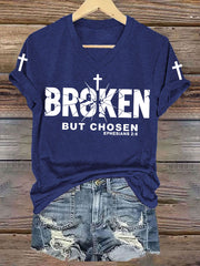 Women's Christian Cross Broken But Chosen Print V-Neck Tee