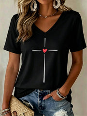 Women's Christian Cross Print V-Neck Tee