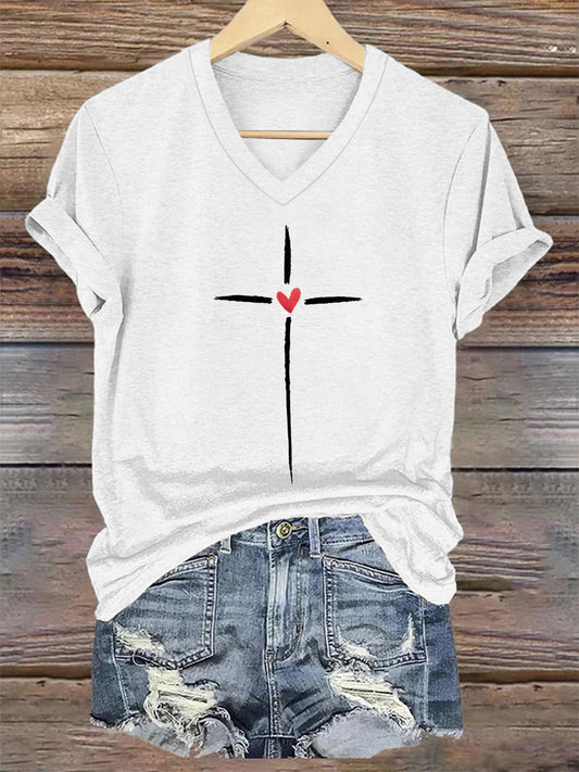 Women's Christian Cross Print V-Neck Tee