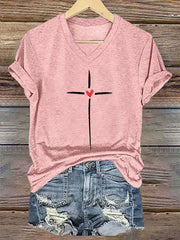 Women's Christian Cross Print V-Neck Tee