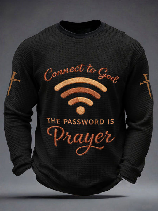 Men's "Connect To God,The Password IS Prayer" Print Casual Waffle Long Sleeve T-Shirt