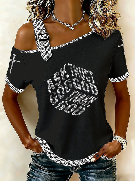 Women's “Ask God Tust God Thank God”Off-the-Shoulder Short-Sleeve T-Shirt