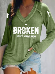 Women's Christian Cross Broken But Chosen Print V-neck  Long Sleeve Tee