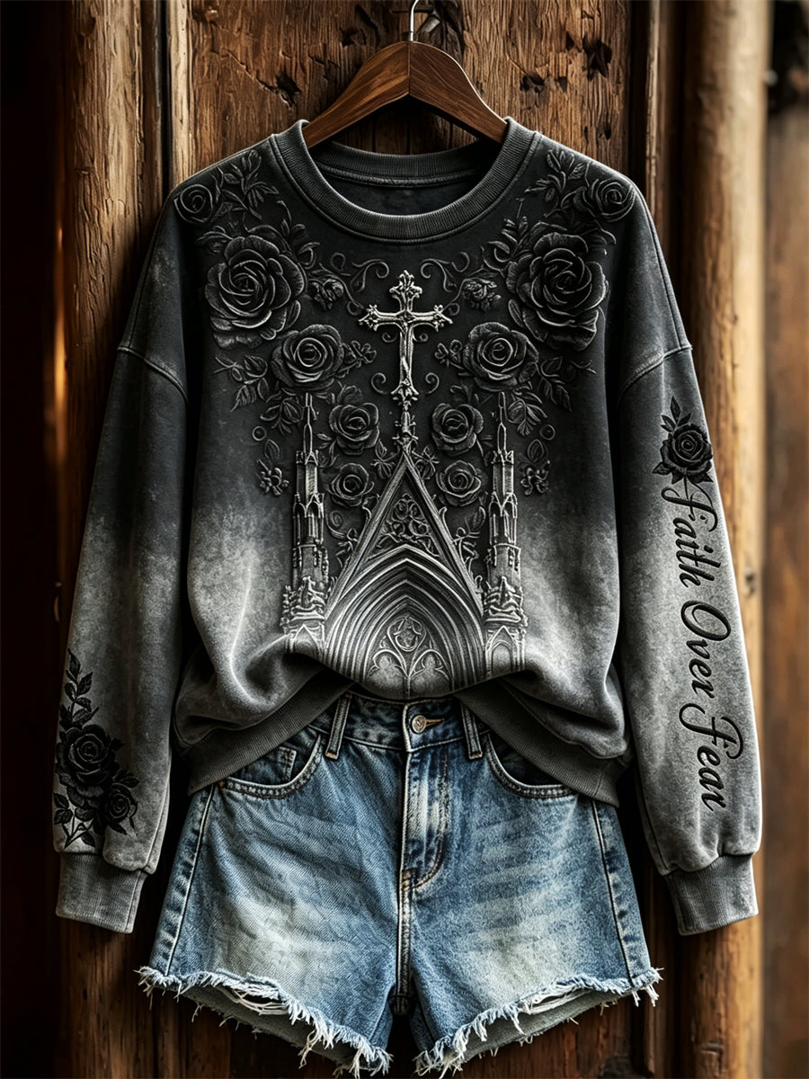 Women's Faith Over Fear Gothic Cross Roses Print Gradient Sweatshirt