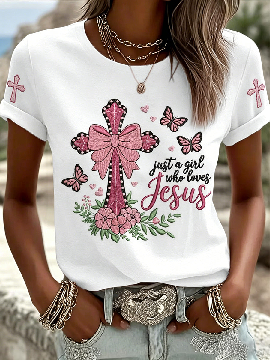 Women's Just A Girl Who Loves Jesus Print Casual Tee