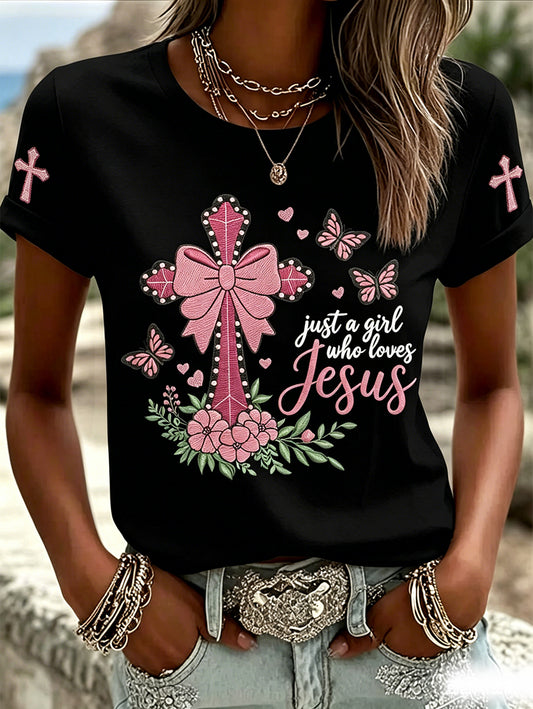 Women's Just A Girl Who Loves Jesus Print Casual Tee