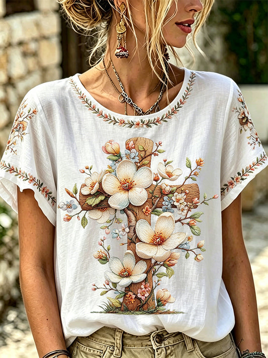 Women's Floral Christian Cross Print Tee