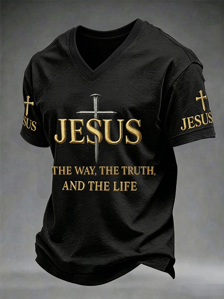 Men's Christian Jesus The Way the Truth The Life John 14:6 Cross V-neck T-shirt