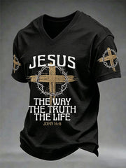 Men's Christian Jesus The Way the Truth The Life John 14:6 Cross V-neck T-shirt