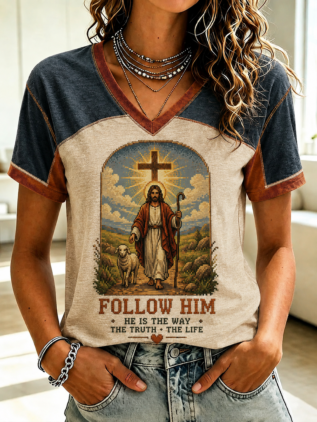 Women's Faith Jesus Printed V-neck T-shirt