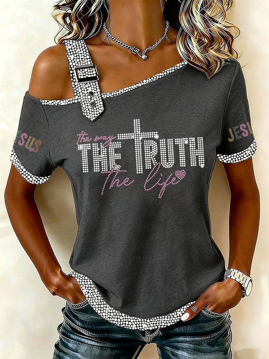 Women's The Way The Truth The Life Rhinestone Print Casual T-Shirt