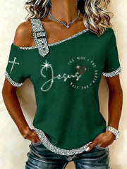 Women's The Way The Truth The Life Rhinestone Print Casual T-Shirt