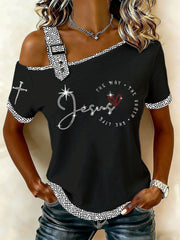 Women's The Way The Truth The Life Rhinestone Print Casual T-Shirt