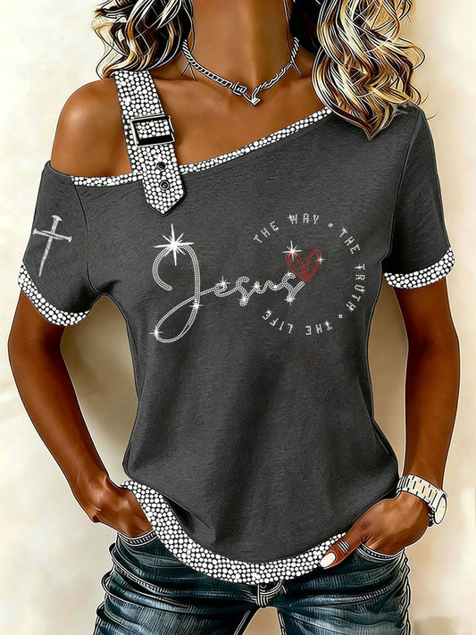 Women's The Way The Truth The Life Rhinestone Print Casual T-Shirt
