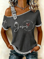 Women's The Way The Truth The Life Rhinestone Print Casual T-Shirt