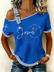 Women's The Way The Truth The Life Rhinestone Print Casual T-Shirt